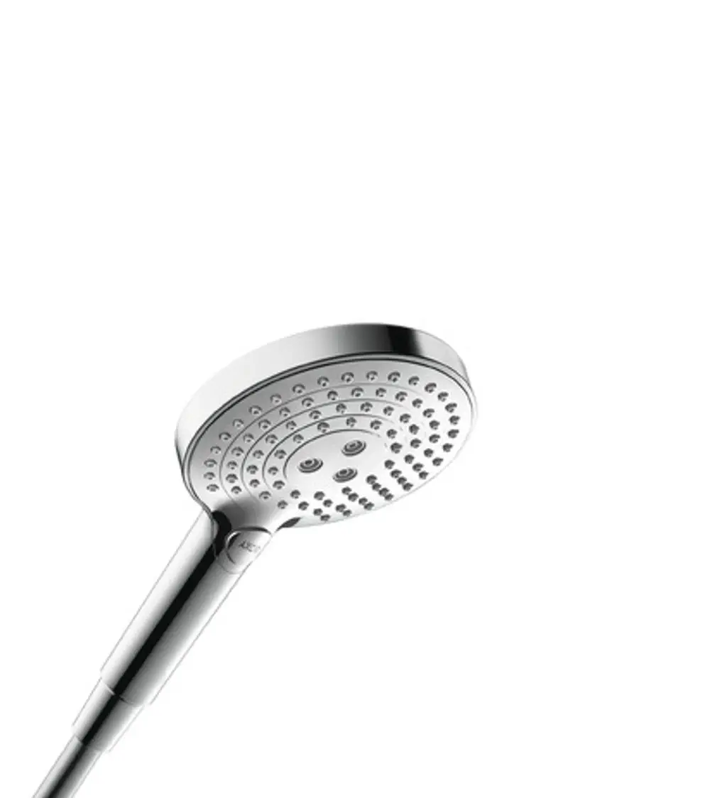 Handbrause in Chromoptik mit mehreren Strahlarten, hergestellt von AXOR. Die Montage erfolgt über einen flexiblen Schlauch zur einfachen Nutzung in der Dusche.